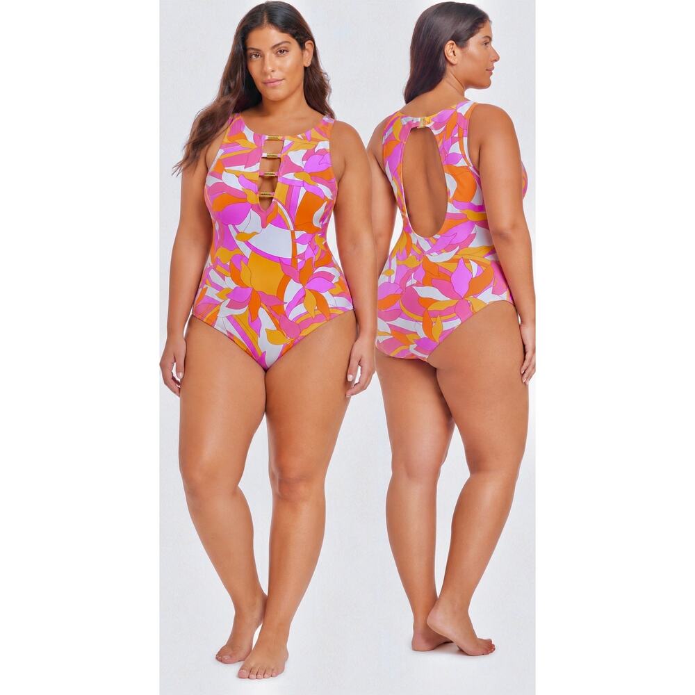 Beyond Control Floral One Piece Swimsuit Size 16 NWT Pink Orange Tropical